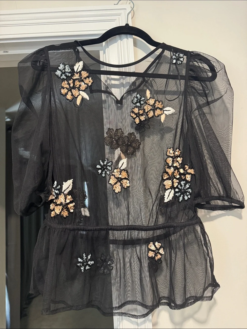 Anthropologie Black Sheer Mesh Floral Appliqué Peplum Blouse - Picture 1 of 5